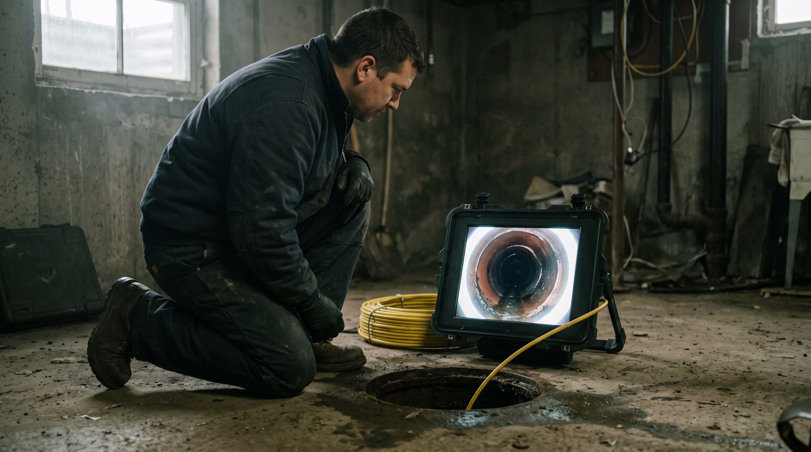 Un plombier suit sur son moniteur l'intérieur d'une conduite filmée par la caméra